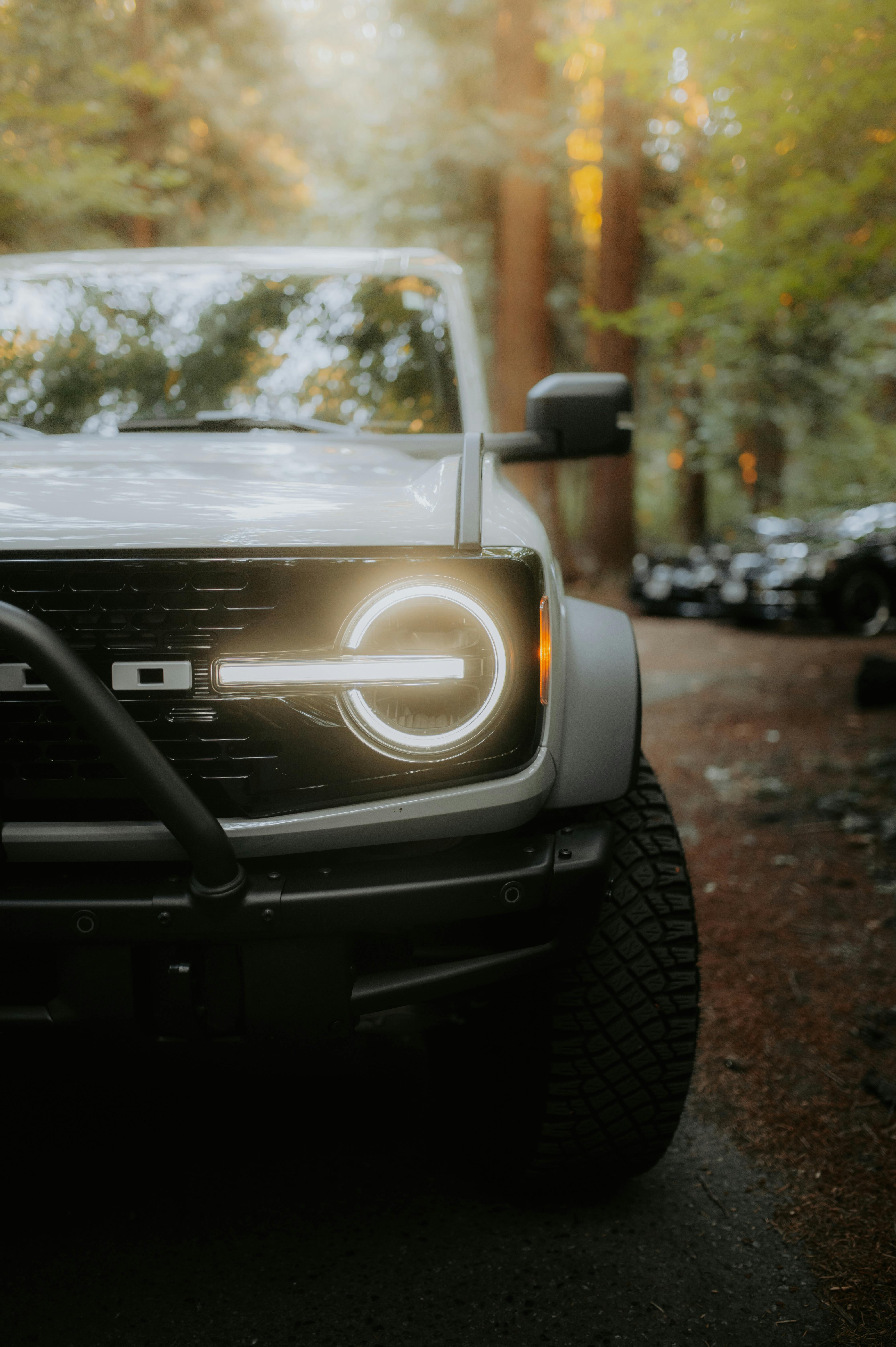 front of Bronco half showing driving on wooded lane